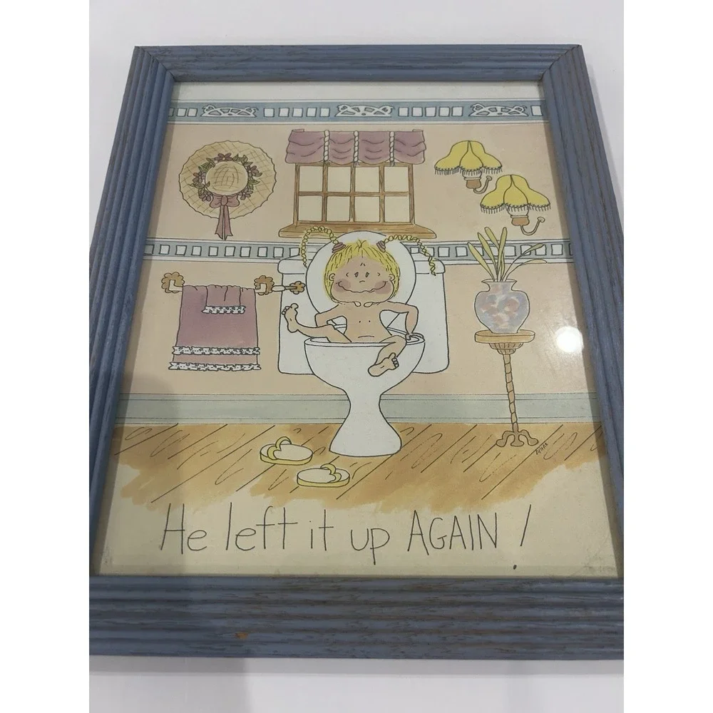 Vintage Decor Boys Bathroom Art Humor Sign Picture Funny 80s Wooden Framed
